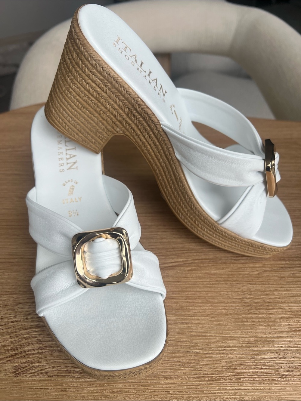 Italian Shoemakers White Leather Wedge Sandals with Gold Buckle Accent